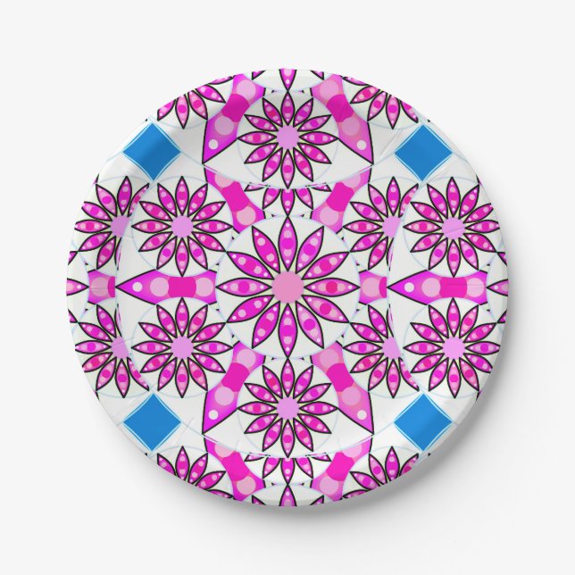 Mandala pattern, hot pink, black and white paper plate (Front)