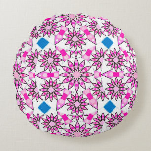 Mandala pattern, hot pink, black and white round cushion