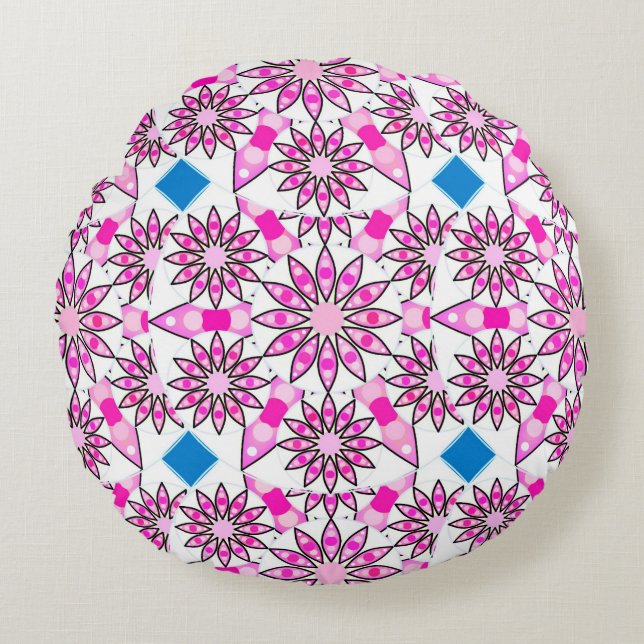 Mandala pattern, hot pink, black and white round cushion (Front)