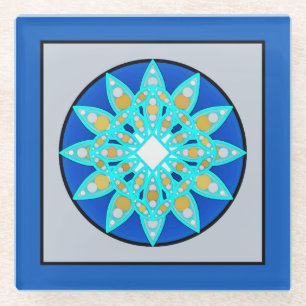 Mandala Pattern in Blue, Gray and Turquoise Glass Coaster