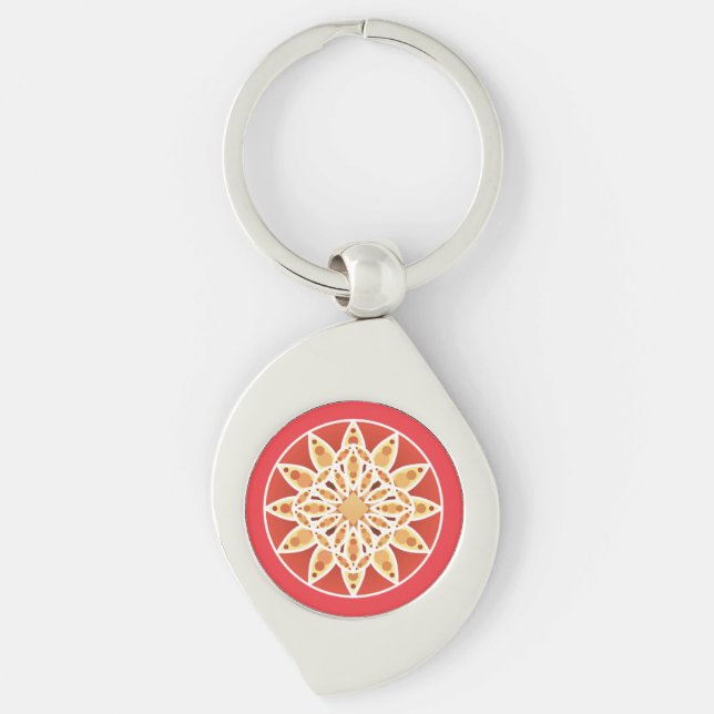 Mandala pattern in chocolate, caramel and coral key ring (Front)