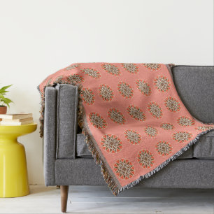 Mandala pattern in chocolate, caramel and coral throw blanket