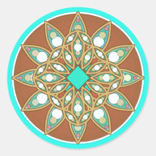 Mandala pattern in chocolate, tan and turquoise classic round sticker