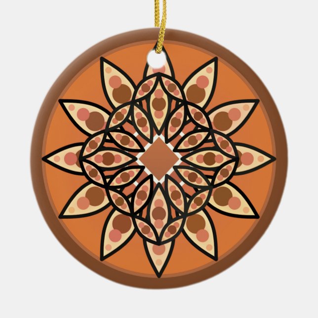 Mandala pattern in chocolate, terracotta and rust ceramic tree decoration (Front)