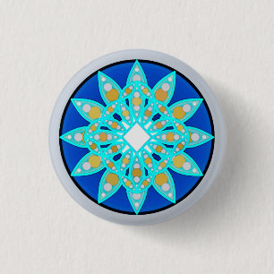 Mandala pattern in cobalt, grey and turquoise 3 cm round badge