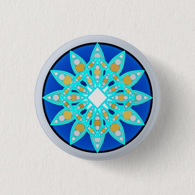 Mandala pattern in cobalt, grey and turquoise 3 cm round badge (Front)