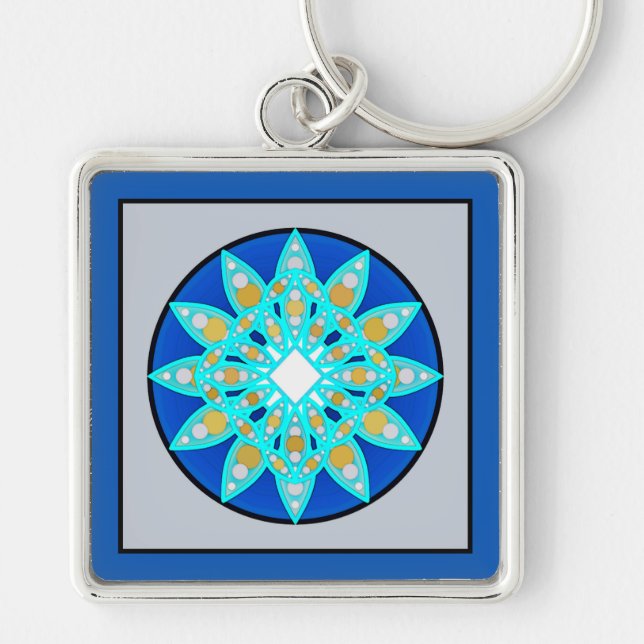 Mandala pattern in cobalt, grey and turquoise key ring (Front)