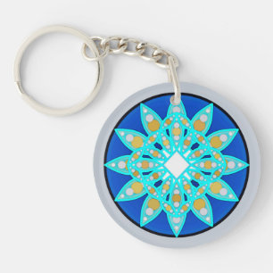 Mandala pattern in cobalt, grey and turquoise key ring