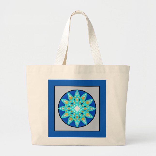 Mandala pattern in cobalt, grey and turquoise large tote bag (Front)