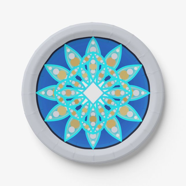Mandala pattern in cobalt, grey and turquoise paper plate (Front)