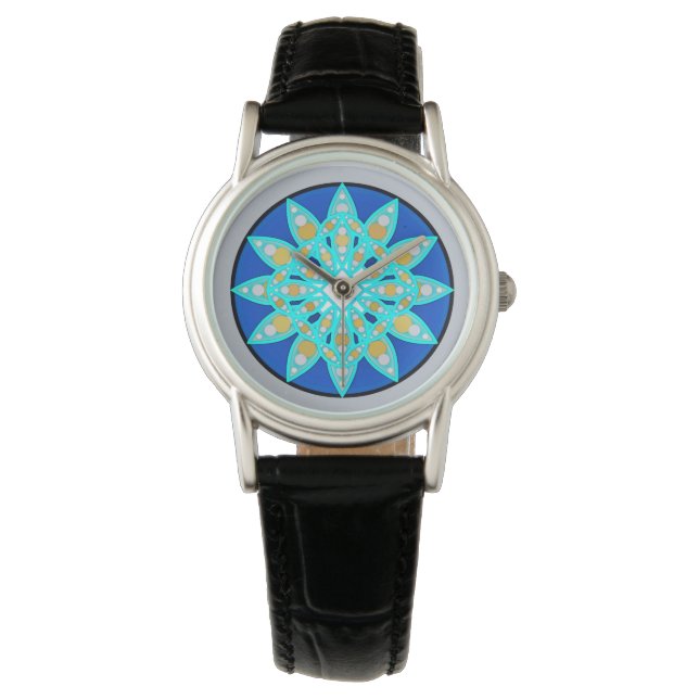 Mandala pattern in cobalt, grey and turquoise watch (Front)