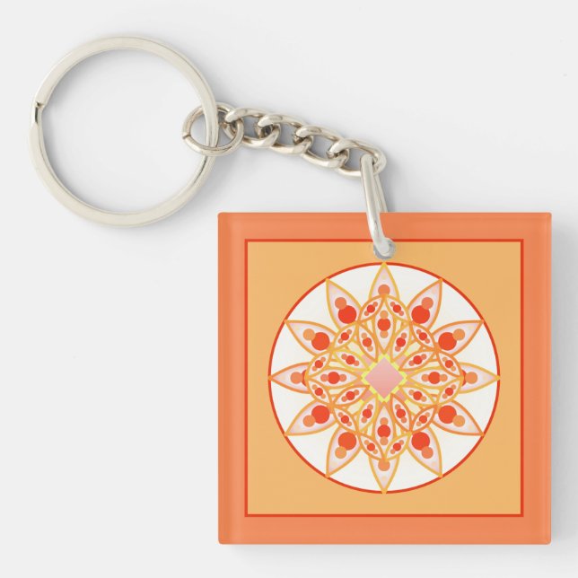 Mandala pattern in coral, orange and gold key ring (Front)