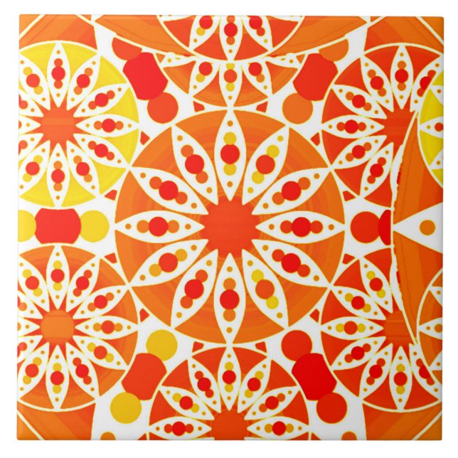 Mandala Pattern in Coral Orange and Gold Tile (Front)