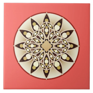 Mandala pattern in coral orange, chocolate and tan tile