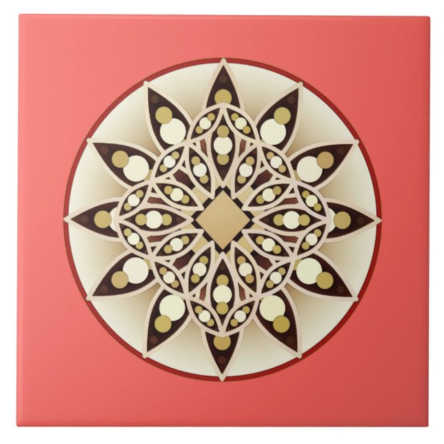 Mandala pattern in coral orange, chocolate and tan tile (Front)