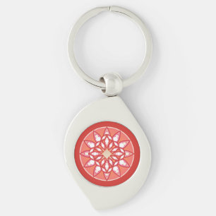 Mandala pattern in coral pink, burgundy and white key ring