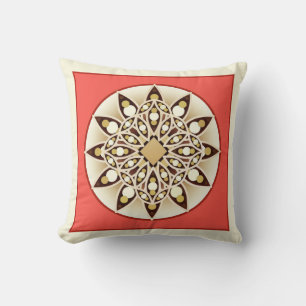 Mandala pattern in coral pink, chocolate and tan cushion