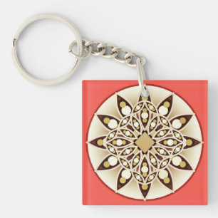 Mandala pattern in coral pink, chocolate and tan key ring
