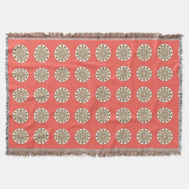 Mandala pattern in coral pink, chocolate and tan throw blanket (Front)