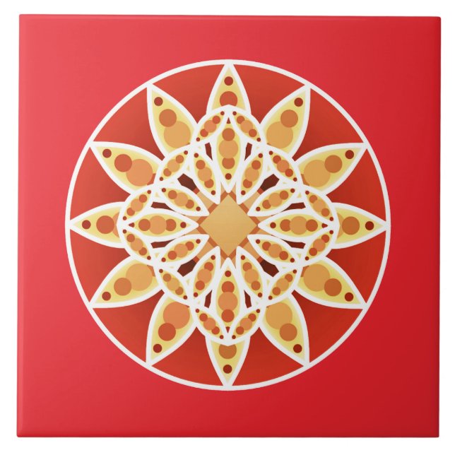 Mandala pattern in coral red, tan and white tile (Front)