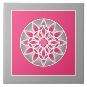 Mandala Pattern in Fuchsia Pink, Grey and White Tile
