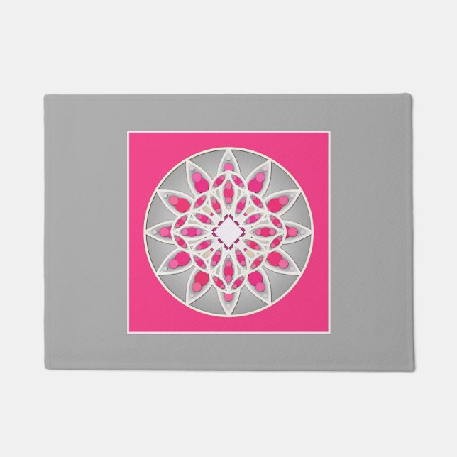 Mandala pattern in fuchsia pink, white and grey do doormat (Front)