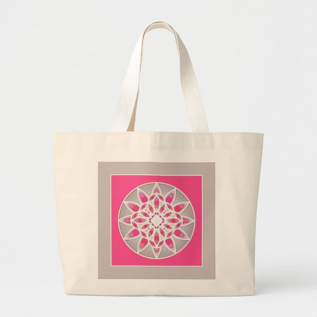Mandala pattern in fuchsia pink, white and grey large tote bag (Front)