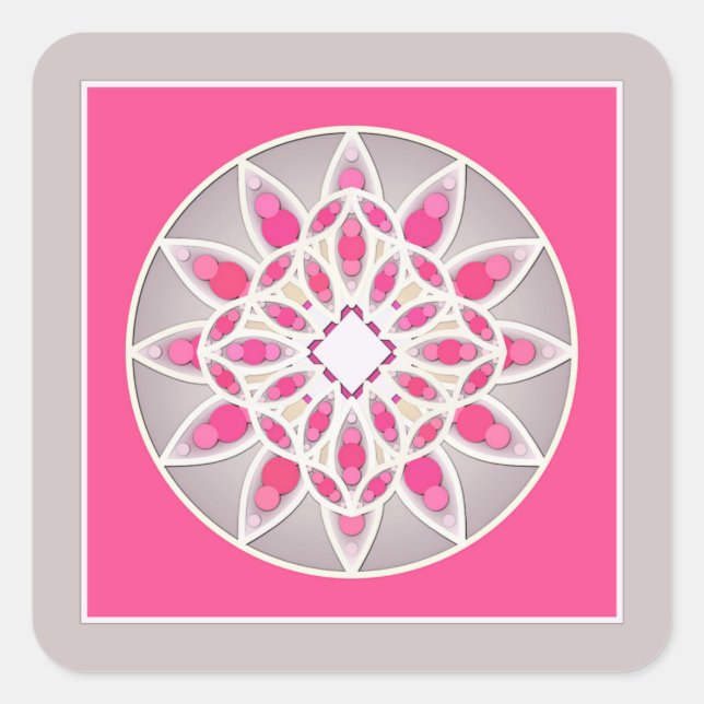 Mandala pattern in fuchsia pink, white and grey square sticker (Front)