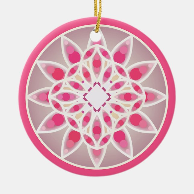 Mandala pattern in hot pink, white and grey ceramic tree decoration (Front)