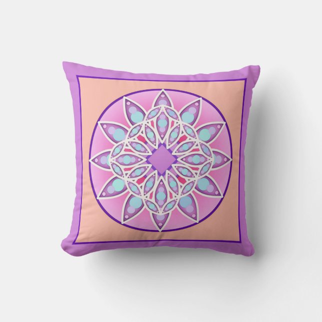 Mandala pattern in lavender, orchid and coral cushion (Front)