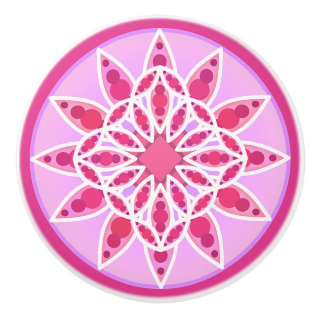 Mandala pattern in pink,  fuchsia and white ceramic knob (Front)