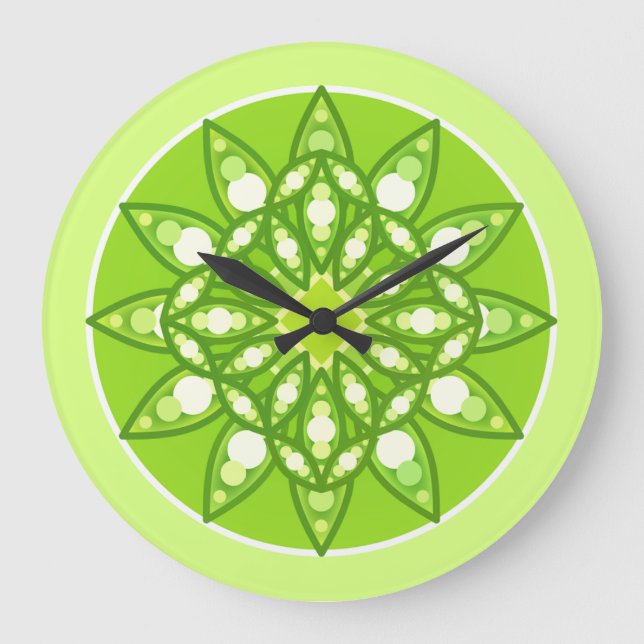 Mandala pattern in shades of lime green large clock (Front)