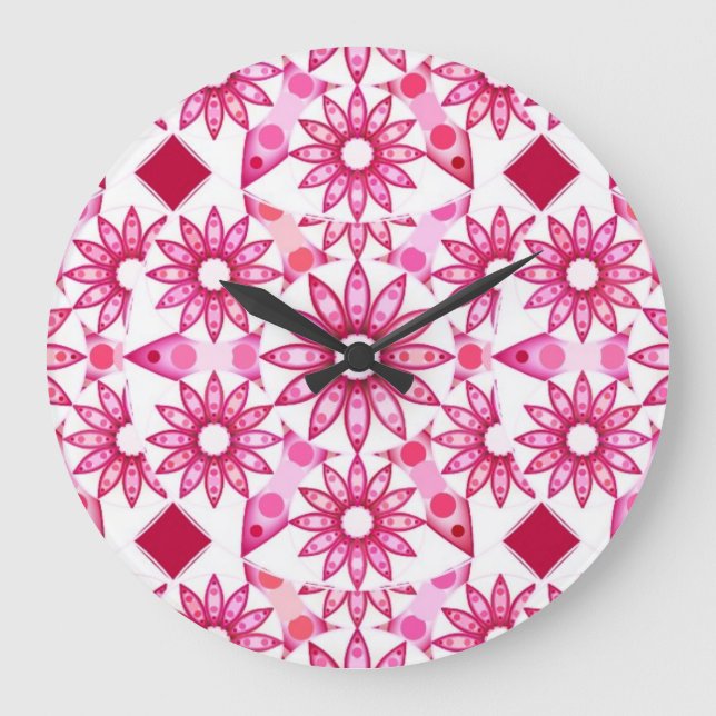 Mandala pattern in shades of pink, maroon large clock (Front)