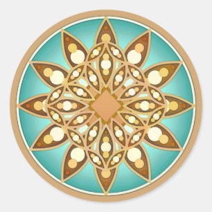 Mandala pattern in tan, cream and turquoise classic round sticker