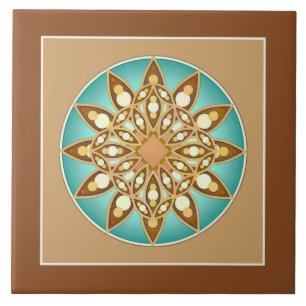 Mandala pattern in tan, cream and turquoise tile