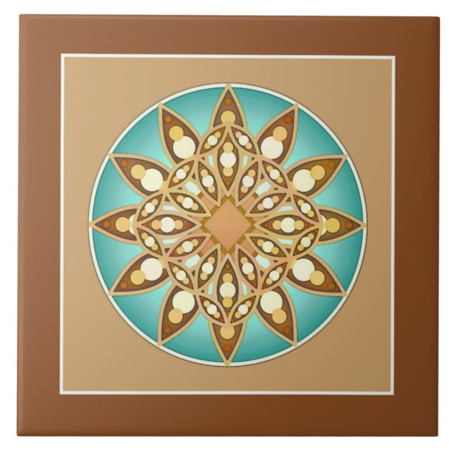 Mandala pattern in tan, cream and turquoise tile (Front)