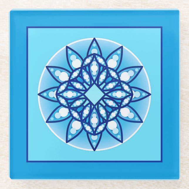 Mandala Pattern in Turquoise and Cobalt Blue Glass Coaster (Front)