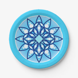 Mandala pattern in turquoise, cobalt and white paper plate