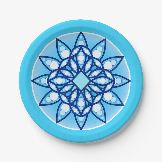 Mandala pattern in turquoise, cobalt and white paper plate (Front)
