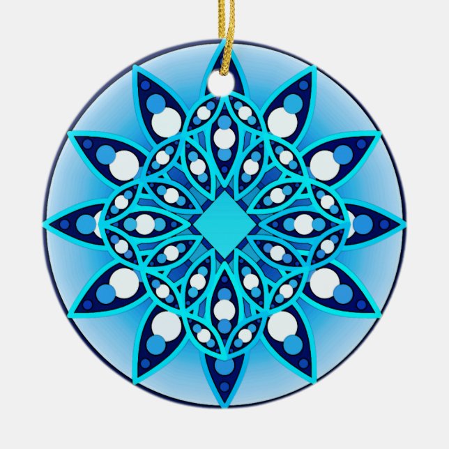 Mandala pattern in turquoise, cobalt & white ceramic tree decoration (Front)