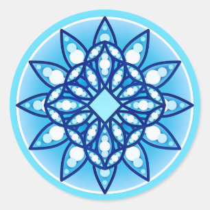 Mandala pattern in turquoise, cobalt & white classic round sticker