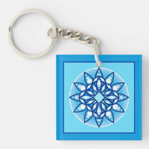 Mandala pattern in turquoise, cobalt & white key ring