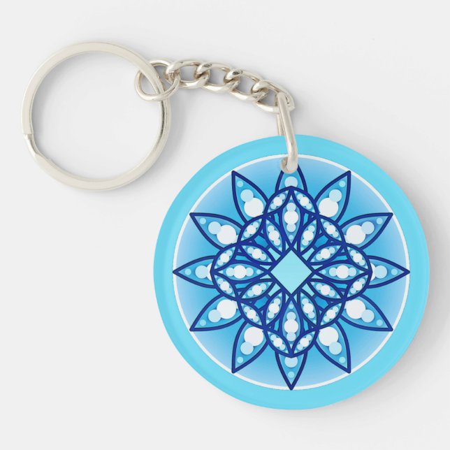 Mandala pattern in turquoise, cobalt & white key ring (Front)