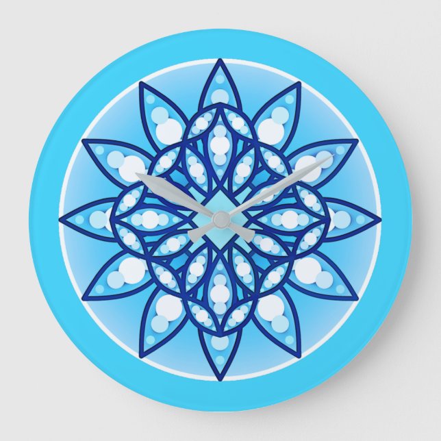 Mandala pattern in turquoise, cobalt & white large clock (Front)