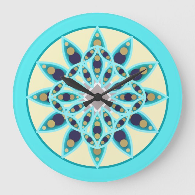 Mandala pattern in turquoise, cream, and navy large clock (Front)