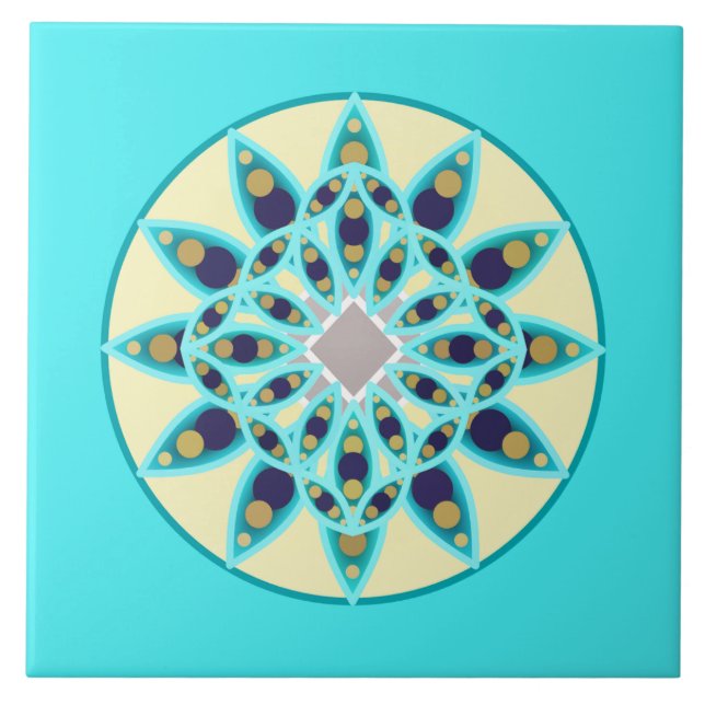 Mandala pattern in turquoise, cream, and navy tile (Front)