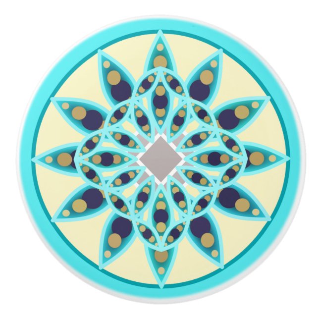 Mandala pattern in turquoise, tan and navy ceramic knob (Front)