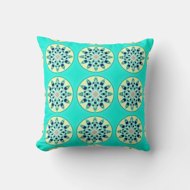 Mandala pattern in turquoise, tan and navy cushion (Front)