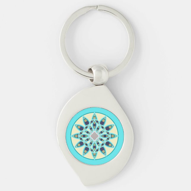 Mandala pattern in turquoise, tan and navy key ring (Front)