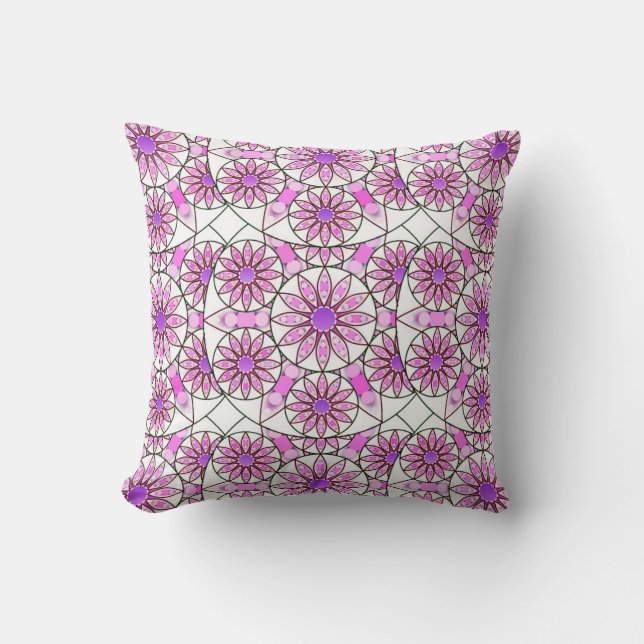 Mandala pattern, lavender, pink, hot pink, white cushion (Front)